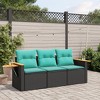 vidaXL Patio Sofa Set with Cushions - 3 Piece Black Poly Rattan Outdoor Furniture with Storage, Side Table - Blue Cushions - 2 of 4