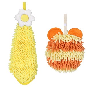 REGALWOVEN Soft Absorbent Cute Fuzzy Hanging Decorative Bathroom Chenille Hand Towel 6" x 15"/7" x 7" 2 Packs - 1 of 4