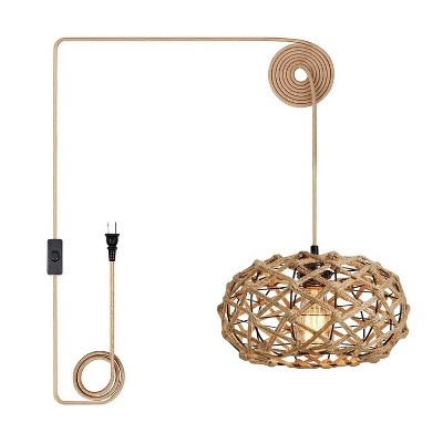 YANSUN 1-Light Boho Pendant Light Plug-in Rustic Hand-Woven Hemp Rope Cage Basket Hanging Lamp Wicker Retro Light Fixtures Brown