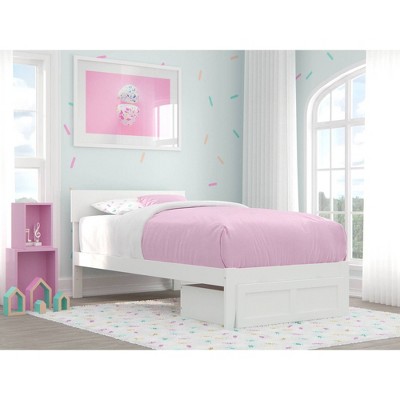 White Twin Wood Frame Bed with Headboard and Storage Drawer