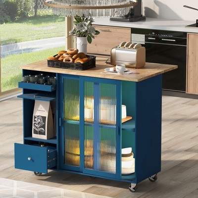 Kitchen Island Cart, on Wheels Utility Storage Trolley with LED Light, 2 Fluted Glass Doors, 1 Flip Cabinet Door, Adjustable Shelf, 2 Drawers