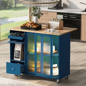 Kitchen Island Cart, on Wheels Utility Storage Trolley with LED Light, 2 Fluted Glass Doors, 1 Flip Cabinet Door, Adjustable Shelf, 2 Drawers - 1 of 4