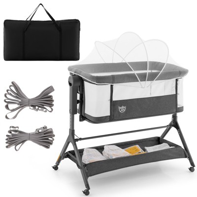 Safstar 3 in 1 Baby Bedside Bassinet w/Storage Basket, Universal Wheels, Adjustable Height, Mattress, Net & Portable Bag, Carriable Crib, Gray