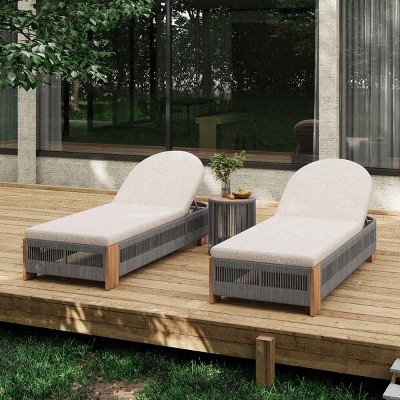 Outdoor Chaise Lounge Set with Side Table, 2 Chaise Lounges with Adjustable Backrest, Rope Chaise Lounge with Acacia Wood Frame-Coolbibila