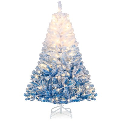 Costway 5 FT Artificial Christmas Tree with 180 Warm White LED Lights, 8 Lighting Modes & Folding Metal Stand White & Blue
