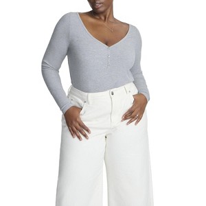 ELOQUII Elements Women's Plus Size Soft Brushed Henley Long Sleeve - 1 of 2