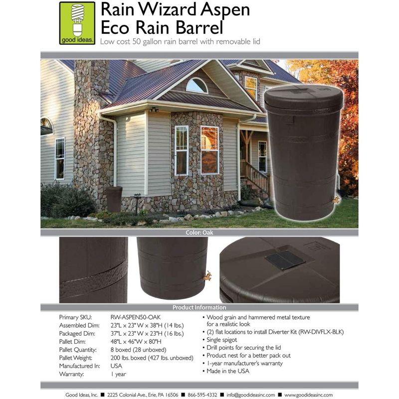 Good Ideas Aspen 50 Gallon Capacity Rain Barrel Water Storage Collector Saver with Brass Spigot and Removable Lid, Oak Brown (3 Pack), 3 of 5