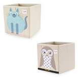 3 Sprouts Large 13 Inch Square Children's Foldable Fabric Storage Cube Organizer Box Soft Toy Bin 2 Piece Bundle with Blue Cat and Friendly Owl Design