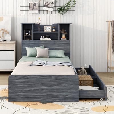 Twin Size Storage Platform Bed Frame with 4 Open Storage Shelves, 2 Storage Drawers, LED Light and Noise-Dampening Foam Tape, White/Gray-ModernLuxe