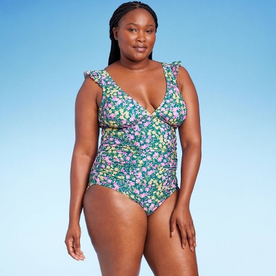 Women's Ruffle Shoulder Ruched Full Coverage One Piece Swimsuit