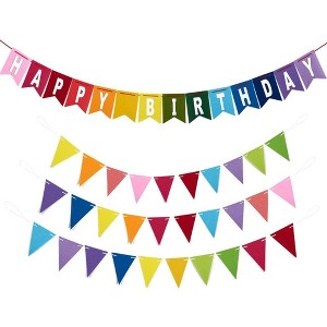 Blue Panda 8 Feet Rainbow Happy Birthday Banner with 3 Colorful Felt Pennant Flag Banners (6 Feet) for Party Decorations - 1 of 4
