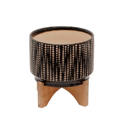Sagebrook Home 4.88" Dotted Ceramic Planter with Wooden Stand Black