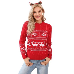 Coolmee Women's Christmas Sweater Reindeer Snowflakes Knitted Ugly Crew Neck Pullover Sweater Red L - 1 of 4