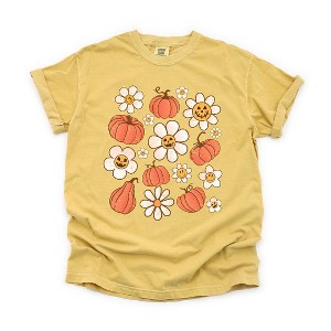 Simply Sage Market Women's Distressed Flowers And Pumpkins Short Sleeve Garment Dyed Tee - 1 of 4