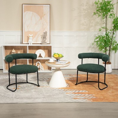 CAVINAS Boucle Dining Chairs Set of 2, Round Upholstered Kitchen Chairs with Half-Moon Backrest, Black Metal Legs