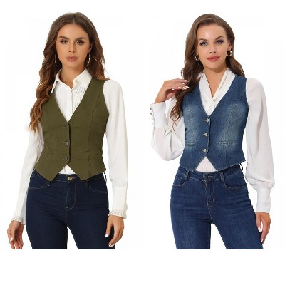 INSPIRE CHIC Women's Denim Sleeveless V Neck Button Down Casual Waistcoat Vest 2 Packs