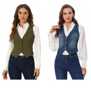 INSPIRE CHIC Women's Denim Sleeveless V Neck Button Down Casual Waistcoat Vest 2 Packs - 1 of 4