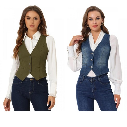 INSPIRE CHIC Women's Denim Sleeveless V Neck Button Down Casual Waistcoat Vest 2 Packs - image 1 of 4