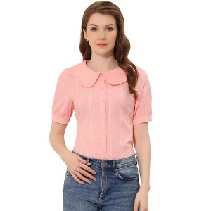 Allegra K Women's Peter Pan Collar Swiss Dots Short Sleeves Button Front Shirt - 1 of 4