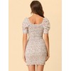 Allegra K Women's Puff Short Sleeve Sweetheart Neck Floral Smocked Bodycon Mini Dress - 4 of 4