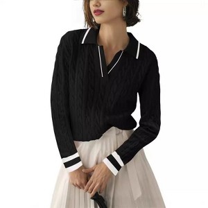 Coolmee Women's Sweaters Long Sleeve Lapel V Neck Sweater Cable Knit Pullover Casual Soft Jumper Top - 1 of 3