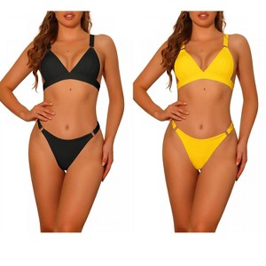 Elerevyo Women's Adjustable Wide Straps Back Clasp Ribbed Basic Beach Ring Triangle Swimwear Bathing Suits 2 Sets - 1 of 4
