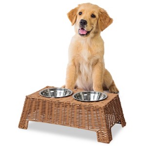 THE LICKER STORE Serenity 6.9" Small/Medium Elevated Wicker Pet Feeder w/ 18oz (2.2 Cups) 2-Stainless Steel Bowls - 1 of 4