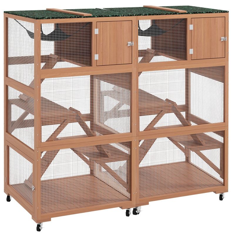 PawHut Catio, Outdoor Cat Enclosure House, Wooden Feral Cat Shelter on Wheels with Hammocks, Platforms Ramps, and Waterproof Roof, 34", Orange, 1 of 7