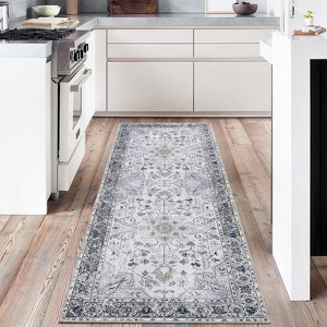 Acekool 2x6 Vintage Blue Washable Runner Rug, Non-Slip Oriental Medallion Low Pile Accent Carpet for Hallway, Entryway, Kitchen - 1 of 4