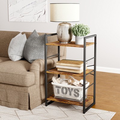 KTMBDW Small Bookshelf 3-Tier Bookcase, Metal Bookshelf for Study, Bedroom, Living Room and Kitchen, Height Adjustable, Brown