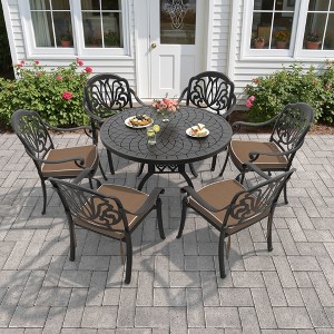 7-Piece Cast Aluminum Outdoor Dining Set with Brown Cushions, Round Table & Stackable Chairs - for Patio, Backyard - 1 of 4