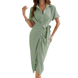 Women Button Down Dresses V-neck Short Sleeve Midi Shirt Dress with Belt - 1 of 4