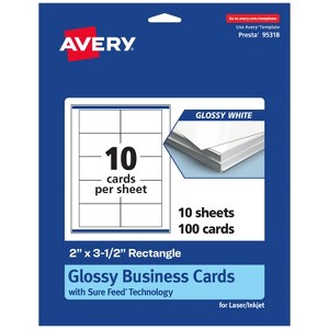 Avery Printable Rectangle Business Cards with Sure Feed Technology, 2" x 3-1/2", Glossy White Cardstock, Laser/Inkjet, 100 Total - 1 of 4