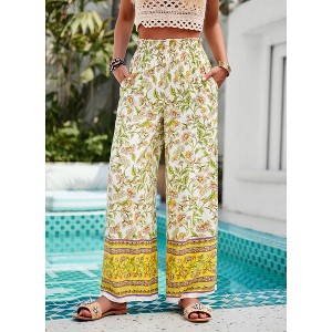 Women's Color Block Smocked Waist Wide Leg Pants - Stylish Flowy High Waisted Lounge Pants with Print - 1 of 4