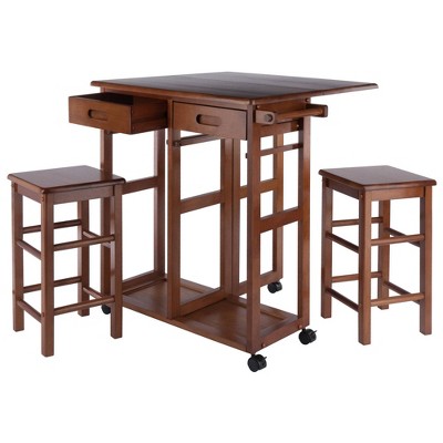 Teak 3-Piece Space Saver Drop Leaf Dining Set with Stools