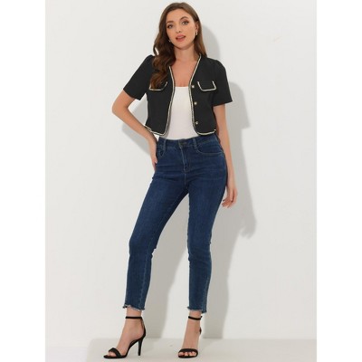 Allegra K Women's Collarless Contrast Trim Short Sleeve Tweed Blazer Black Large — фото 4