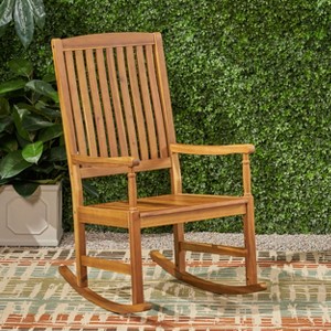 Okak Acacia Wood Outdoor Rocking Chairs with 250lbs Support, Porch Chairs with High Back and Fixed Arms, Outside Chairs for Deck, Lawn, Teak - 1 of 4