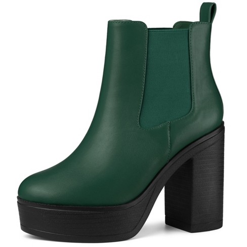 Green leather ankle boots with a thick heel K1660