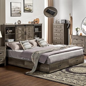 AMERLIFE Wooden Platform Bed with Bookcase Headboard, 2 Drawers, Charging Station - 1 of 4