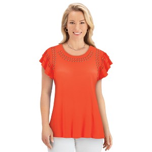 Collections Etc Double Layer Flutter Sleeve Eyelet Trim Stylish Top - 1 of 4