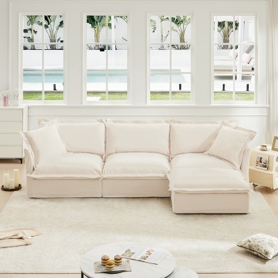 Slipcovered Sectional Sofa, 3 Seater Sofa with Removable Cover, Sofa Couch with Ottoman, Chenille Fabric Sectional Sofas-Cuddlewood