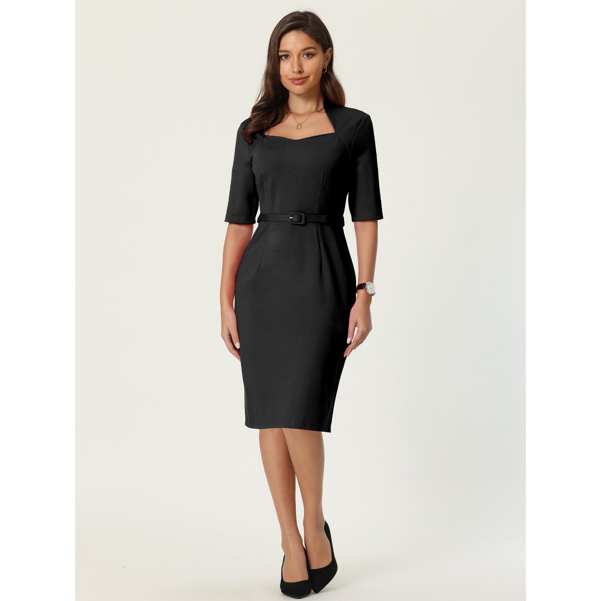 Женские платья INSPIRE CHIC Women's Vintage Sweetheart Neck Sheath Dresses with Belt Black Small — фото 2
