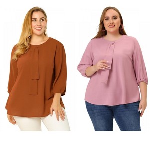 Women's Plus Size 2 Pieces 3/4 Sleeves Round Neck Ruffle Chiffon Work Blouse - Agnes Orinda - 1 of 4