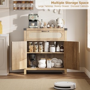 Rattan Sideboard Buffet Cabinets with Storage, Farmhouse Kitchen Accent Storage Cabinet with Drawer, Boho Wooden Coffee Bar Cabinet ,Natural - 1 of 4