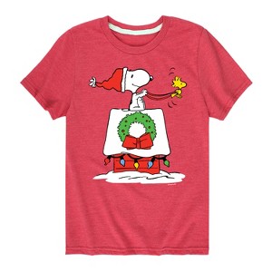 Boys' - Peanuts - Snoopy & Woodstock House Sleigh Short Sleeve Graphic T-Shirt - 1 of 4