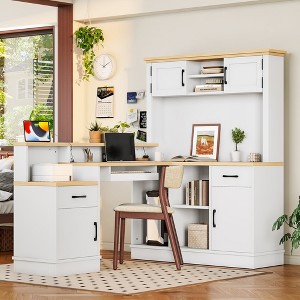 ORRD L-Shaped Computer Desk with Outlet & Bookshelf, Modern Corner Desk with Drawers & Storage, White Gaming Desk - 1 of 4