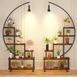 6-Tier Half-Moon Plant Stand with Grow Lights, Rolling Metal Shelf with Wood Tiers, Indoor/Outdoor Plant Display Rack with Hooks, Tall, Brown - 1 of 4