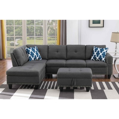 VYNXARIA 98" Wide Left-Hand Facing Sofa & Chaise with Ottoman, Foam Cushions, Dark Gray Linen for Living Room Comfort