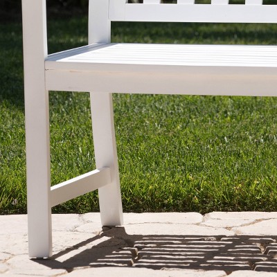White Acacia Wood Outdoor Patio Bench with Slatted Back