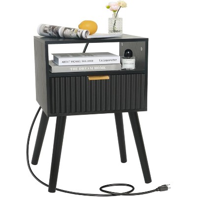 Mid Cetury Modern Nightstand with Charging Station, Fluted Bedside Table with Storage